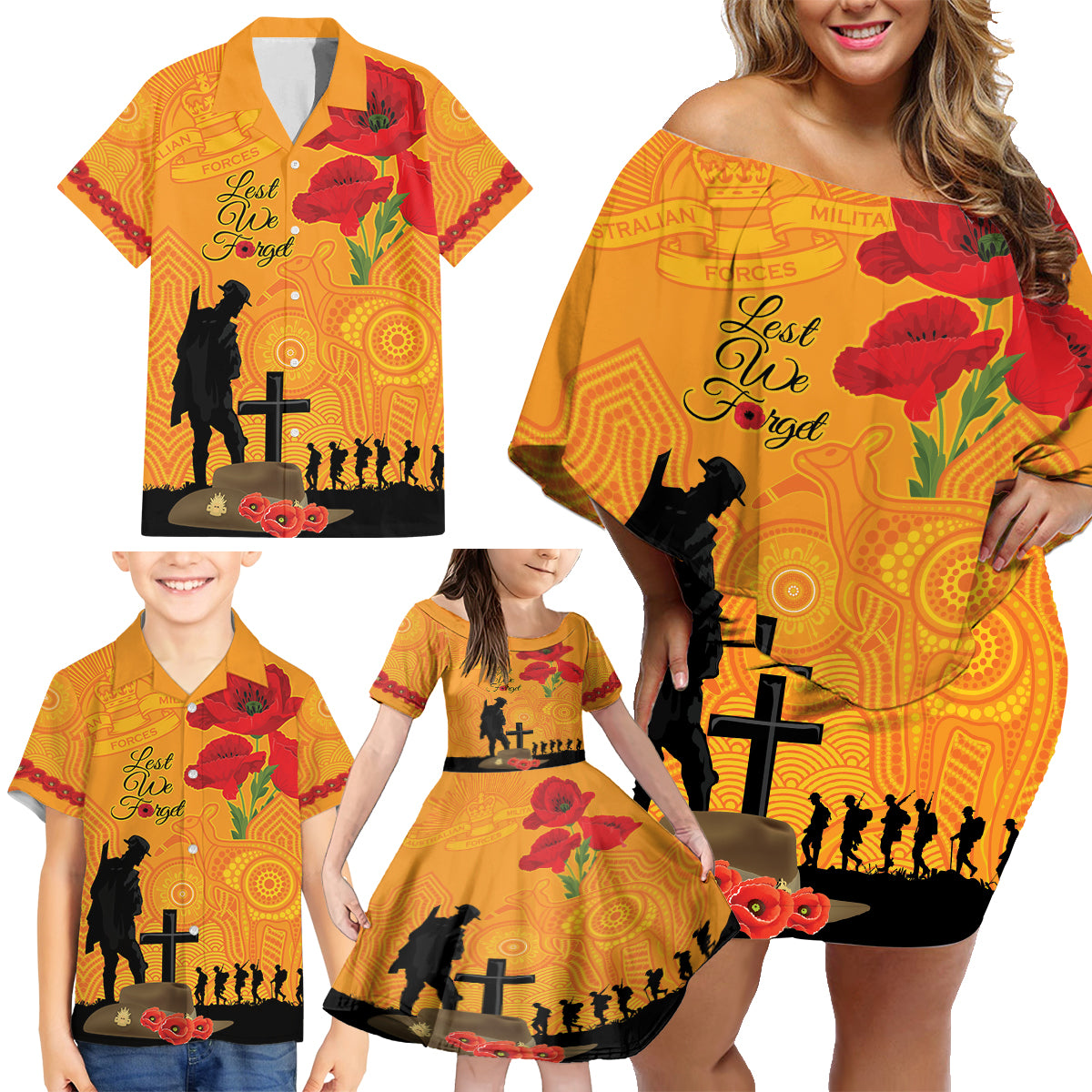 Australia Wallabies Rugby ANZAC Custom Family Matching Off Shoulder Short Dress and Hawaiian Shirt Gallipoli Soldier With Aboriginal Dots Art