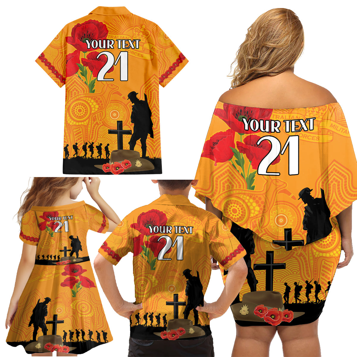 Australia Wallabies Rugby ANZAC Custom Family Matching Off Shoulder Short Dress and Hawaiian Shirt Gallipoli Soldier With Aboriginal Dots Art