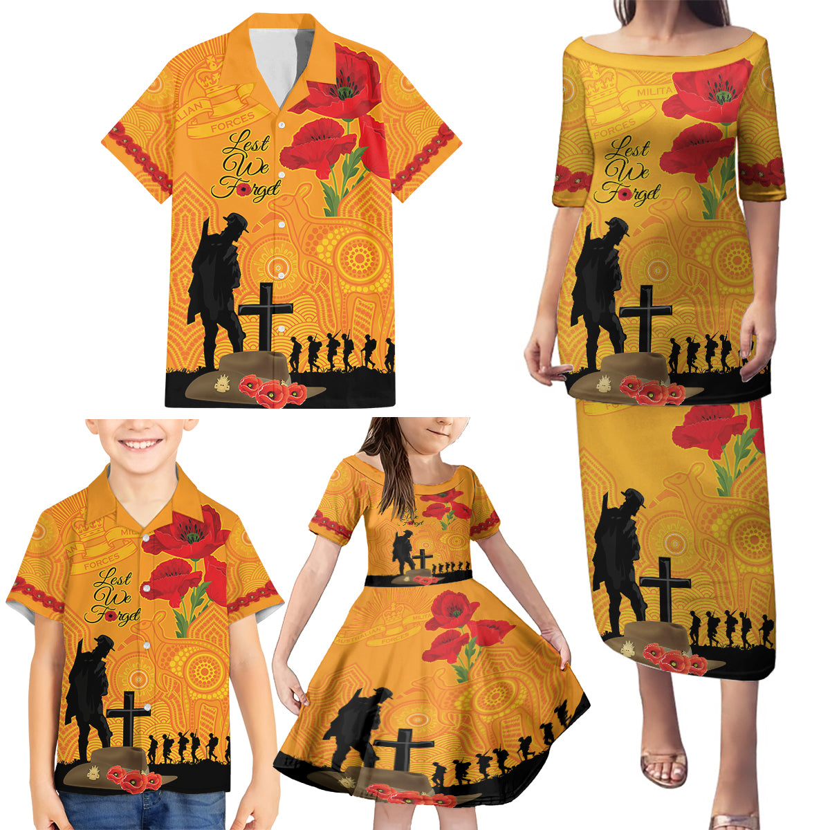 Australia Wallabies Rugby ANZAC Custom Family Matching Puletasi and Hawaiian Shirt Gallipoli Soldier With Aboriginal Dots Art