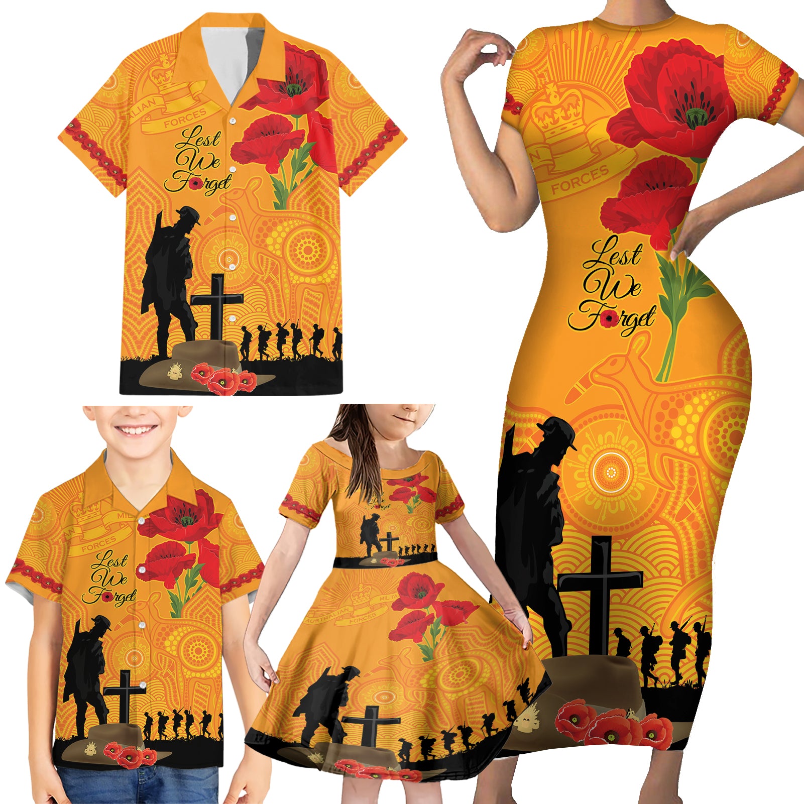 Australia Wallabies Rugby ANZAC Custom Family Matching Short Sleeve Bodycon Dress and Hawaiian Shirt Gallipoli Soldier With Aboriginal Dots Art
