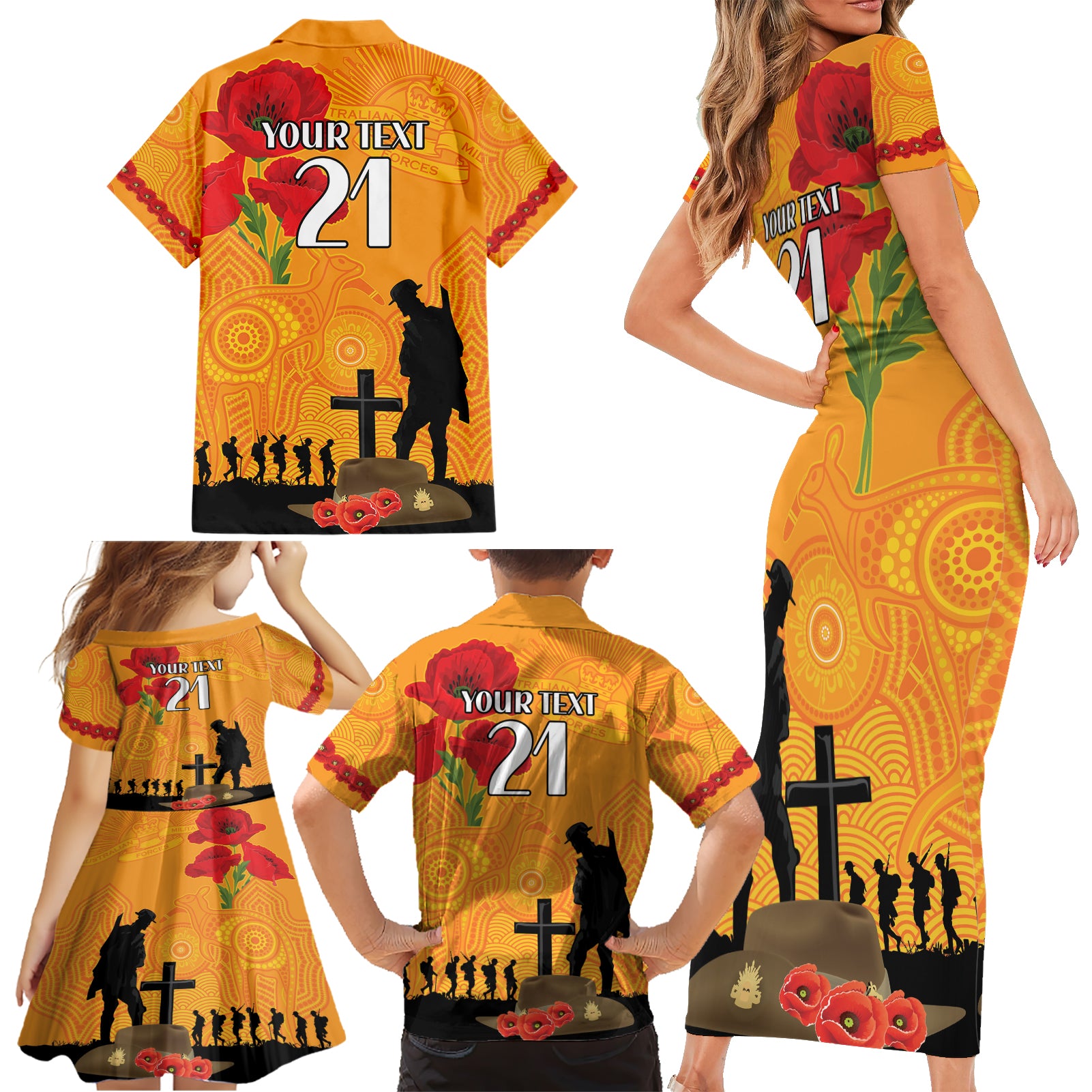 Australia Wallabies Rugby ANZAC Custom Family Matching Short Sleeve Bodycon Dress and Hawaiian Shirt Gallipoli Soldier With Aboriginal Dots Art