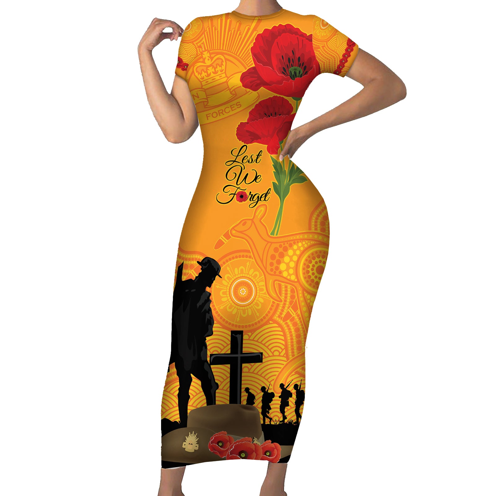 Australia Wallabies Rugby ANZAC Custom Family Matching Short Sleeve Bodycon Dress and Hawaiian Shirt Gallipoli Soldier With Aboriginal Dots Art