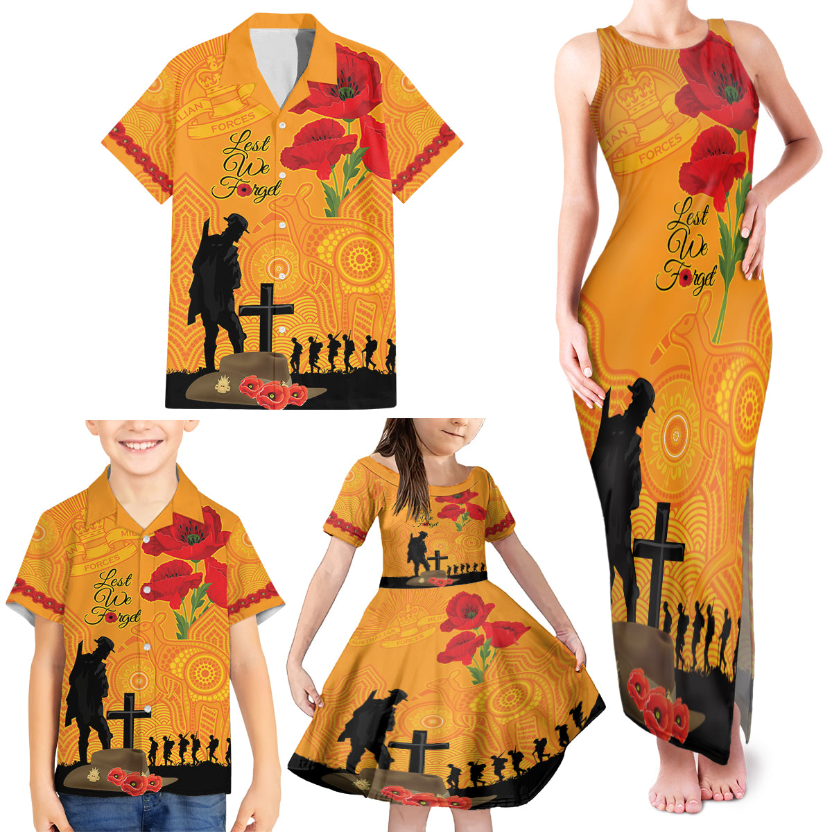 Australia Wallabies Rugby ANZAC Custom Family Matching Tank Maxi Dress and Hawaiian Shirt Gallipoli Soldier With Aboriginal Dots Art