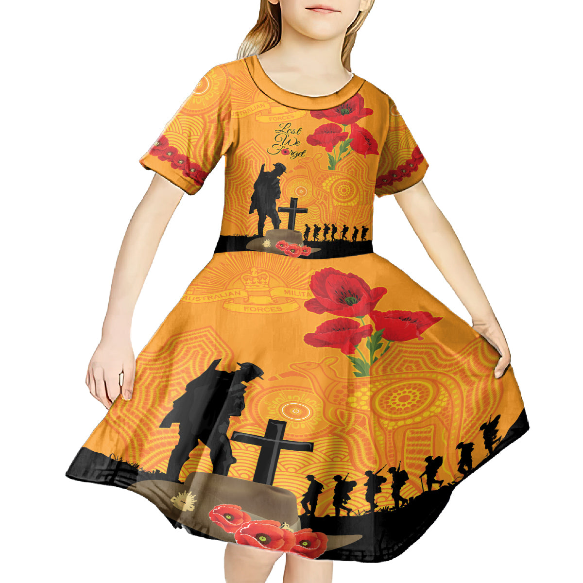 Australia Wallabies Rugby ANZAC Custom Kid Short Sleeve Dress Gallipoli Soldier With Aboriginal Dots Art - Vibe Hoodie Shop