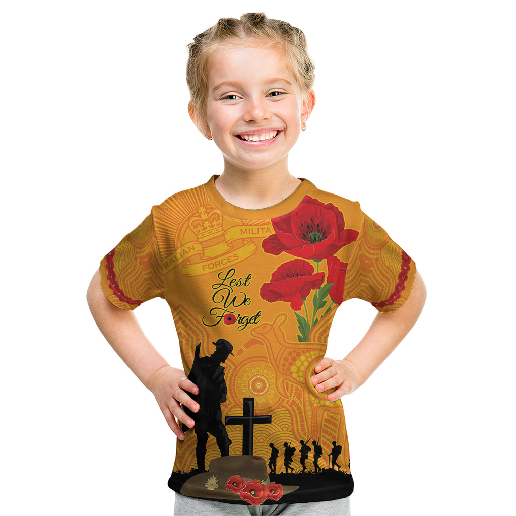 Australia Wallabies Rugby ANZAC Custom Kid T Shirt Gallipoli Soldier With Aboriginal Dots Art - Vibe Hoodie Shop