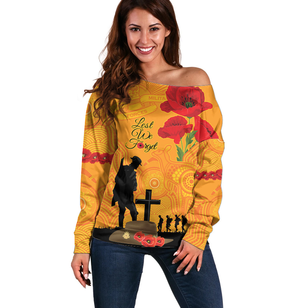 Australia Wallabies Rugby ANZAC Custom Off Shoulder Sweater Gallipoli Soldier With Aboriginal Dots Art - Vibe Hoodie Shop