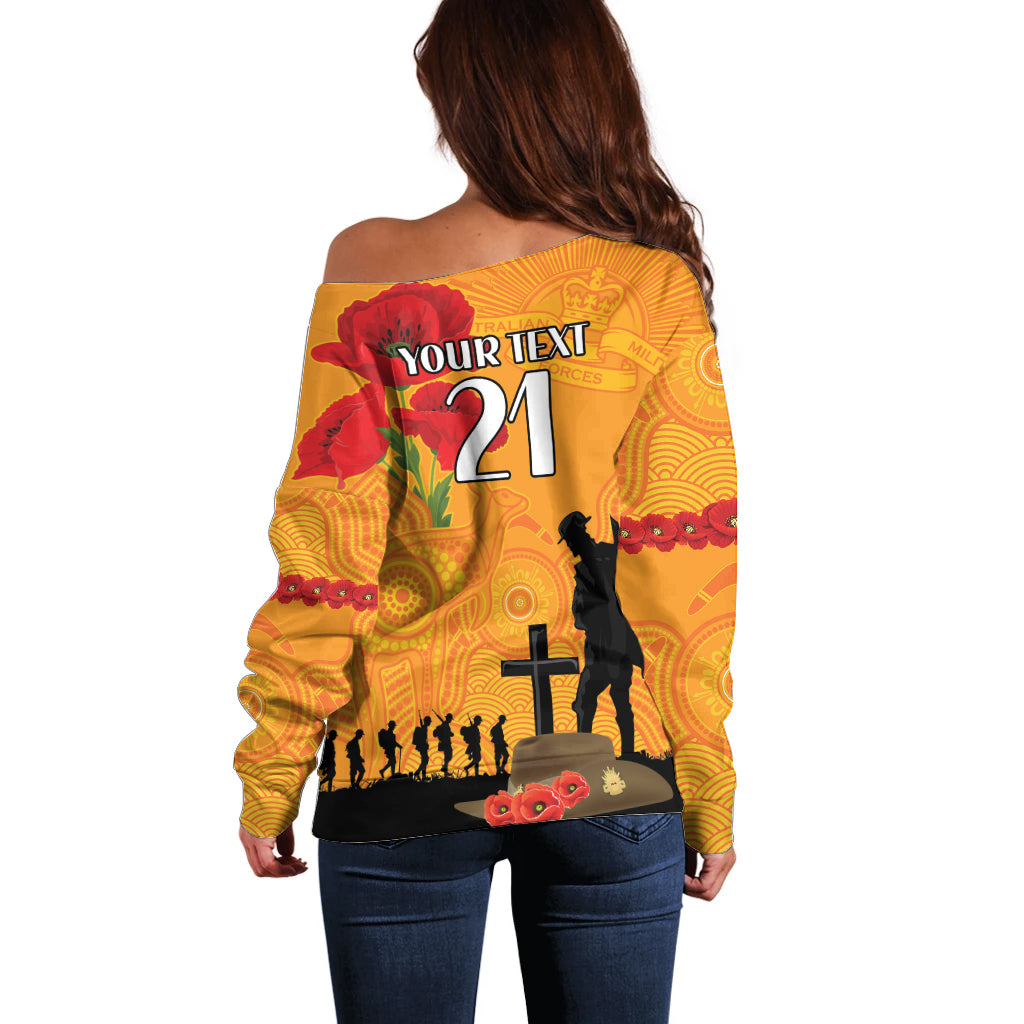 Australia Wallabies Rugby ANZAC Custom Off Shoulder Sweater Gallipoli Soldier With Aboriginal Dots Art - Vibe Hoodie Shop