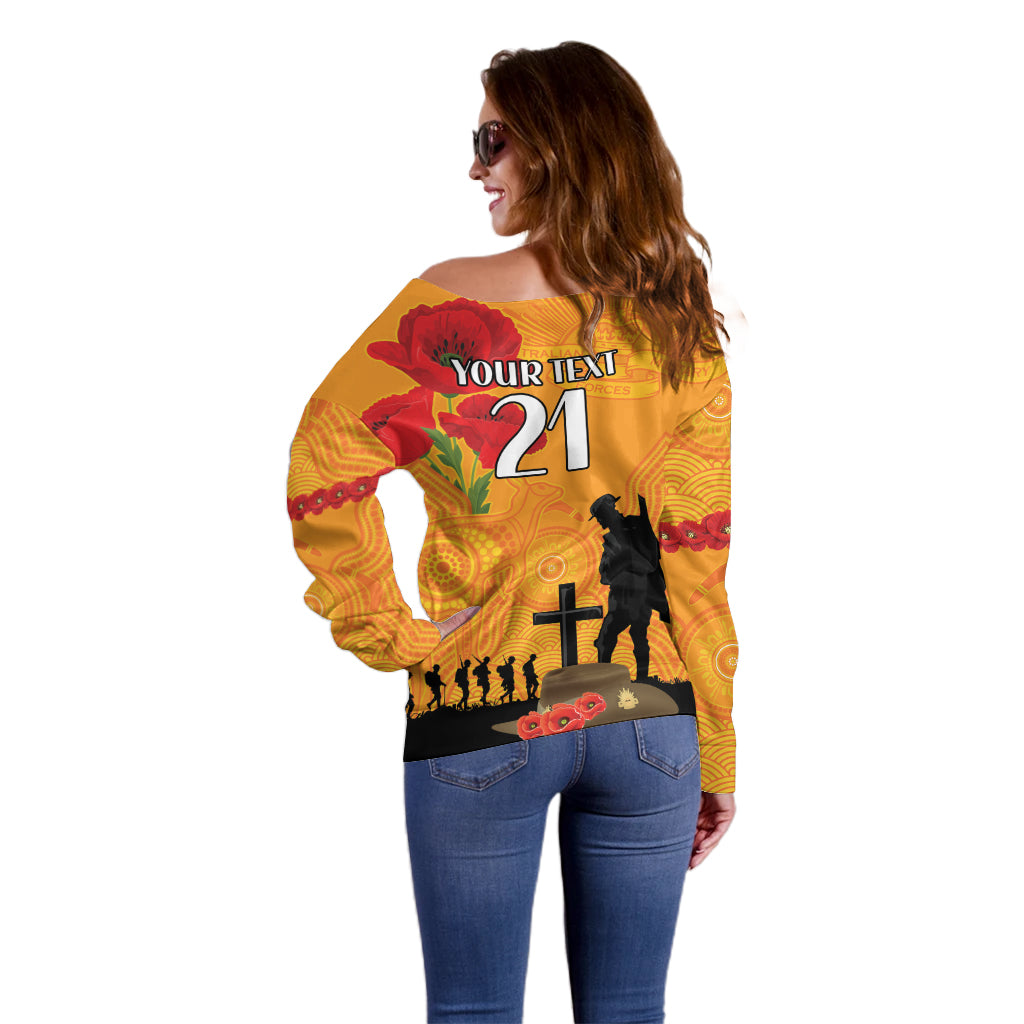 Australia Wallabies Rugby ANZAC Custom Off Shoulder Sweater Gallipoli Soldier With Aboriginal Dots Art - Vibe Hoodie Shop