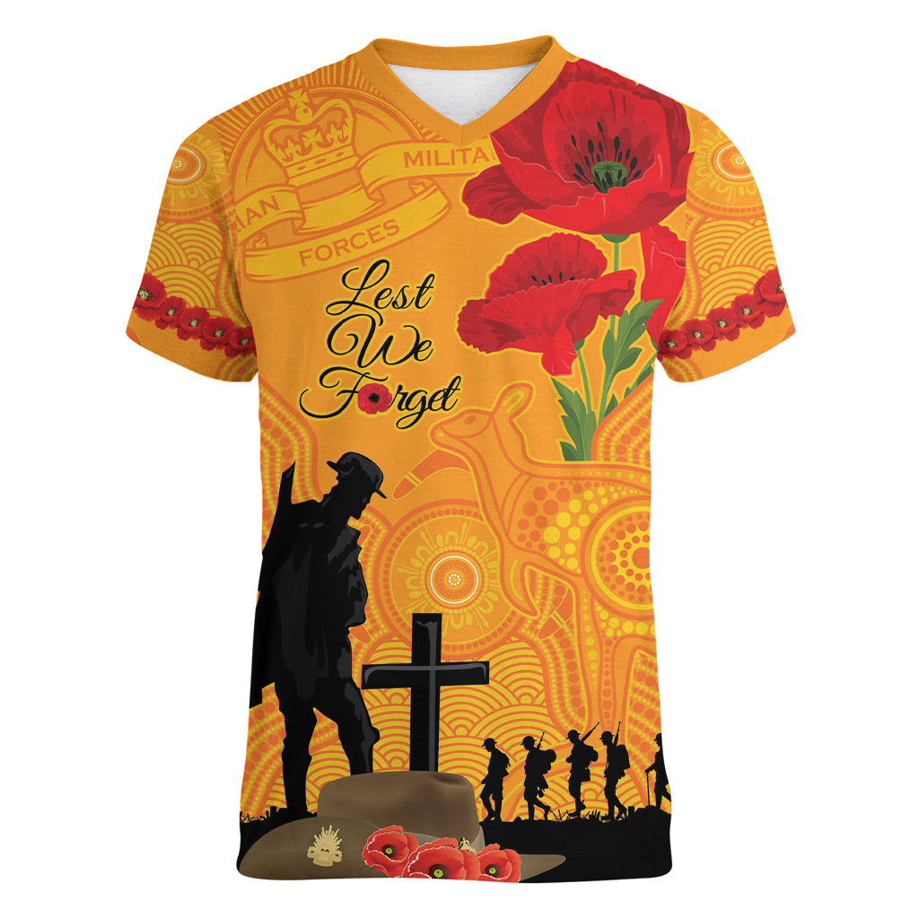 Australia Wallabies Rugby ANZAC Custom Women V Neck T Shirt Gallipoli Soldier With Aboriginal Dots Art - Vibe Hoodie Shop