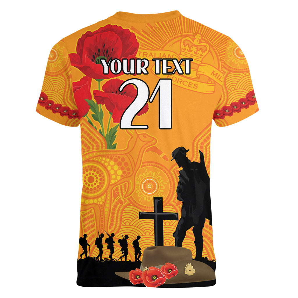 Australia Wallabies Rugby ANZAC Custom Women V Neck T Shirt Gallipoli Soldier With Aboriginal Dots Art - Vibe Hoodie Shop
