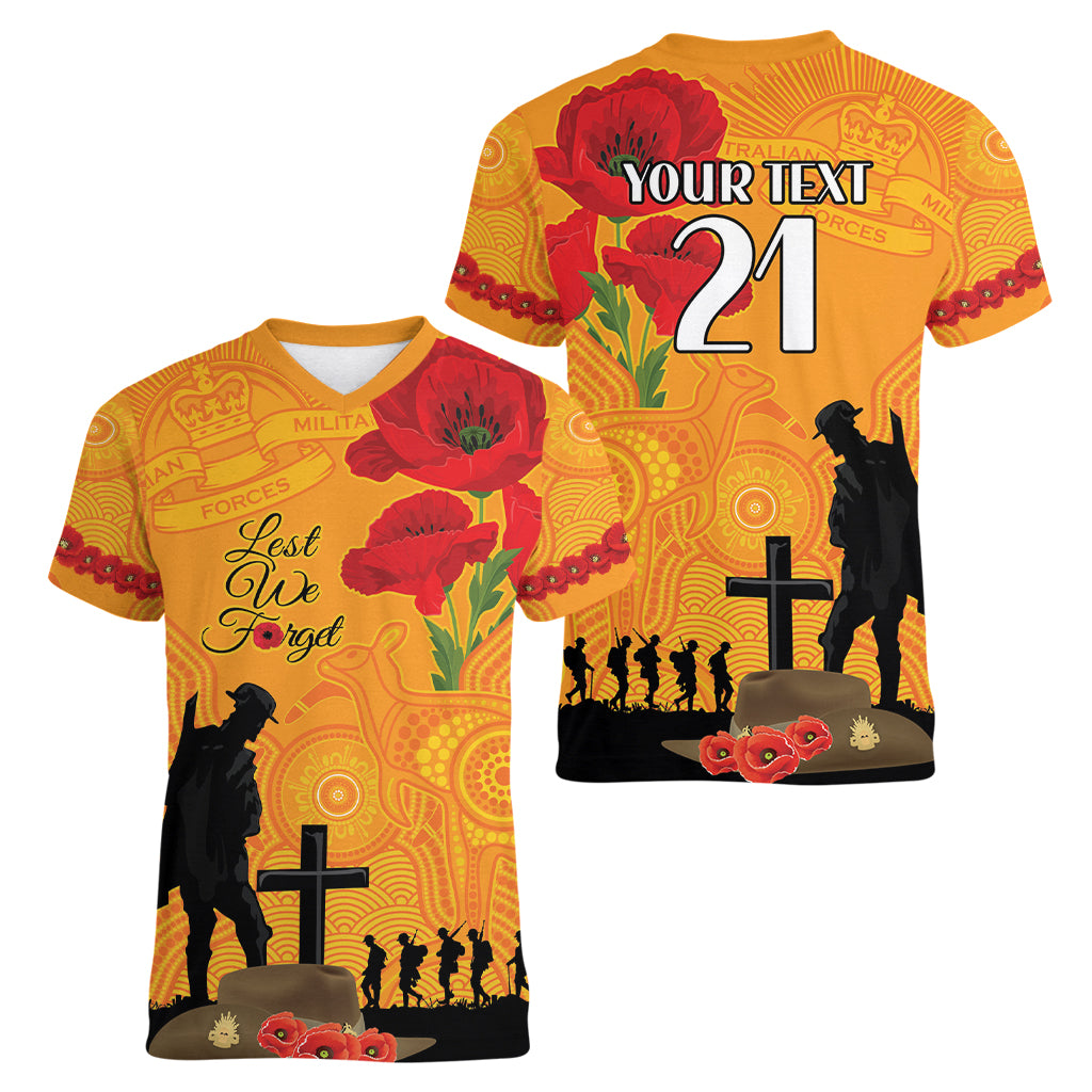 Australia Wallabies Rugby ANZAC Custom Women V Neck T Shirt Gallipoli Soldier With Aboriginal Dots Art - Vibe Hoodie Shop