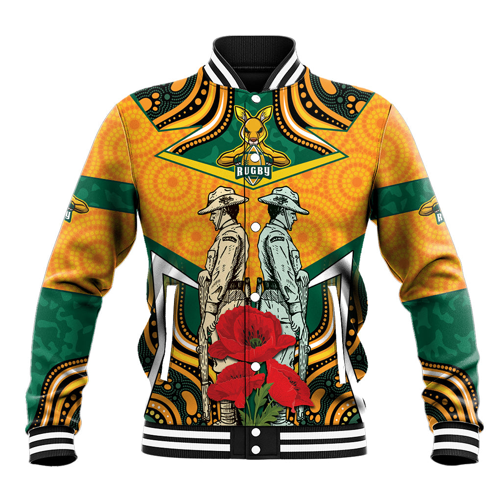 Australia Wallabies Rugby ANZAC Custom Baseball Jacket Poppy Soldier With Aboriginal Dots Art - Vibe Hoodie Shop