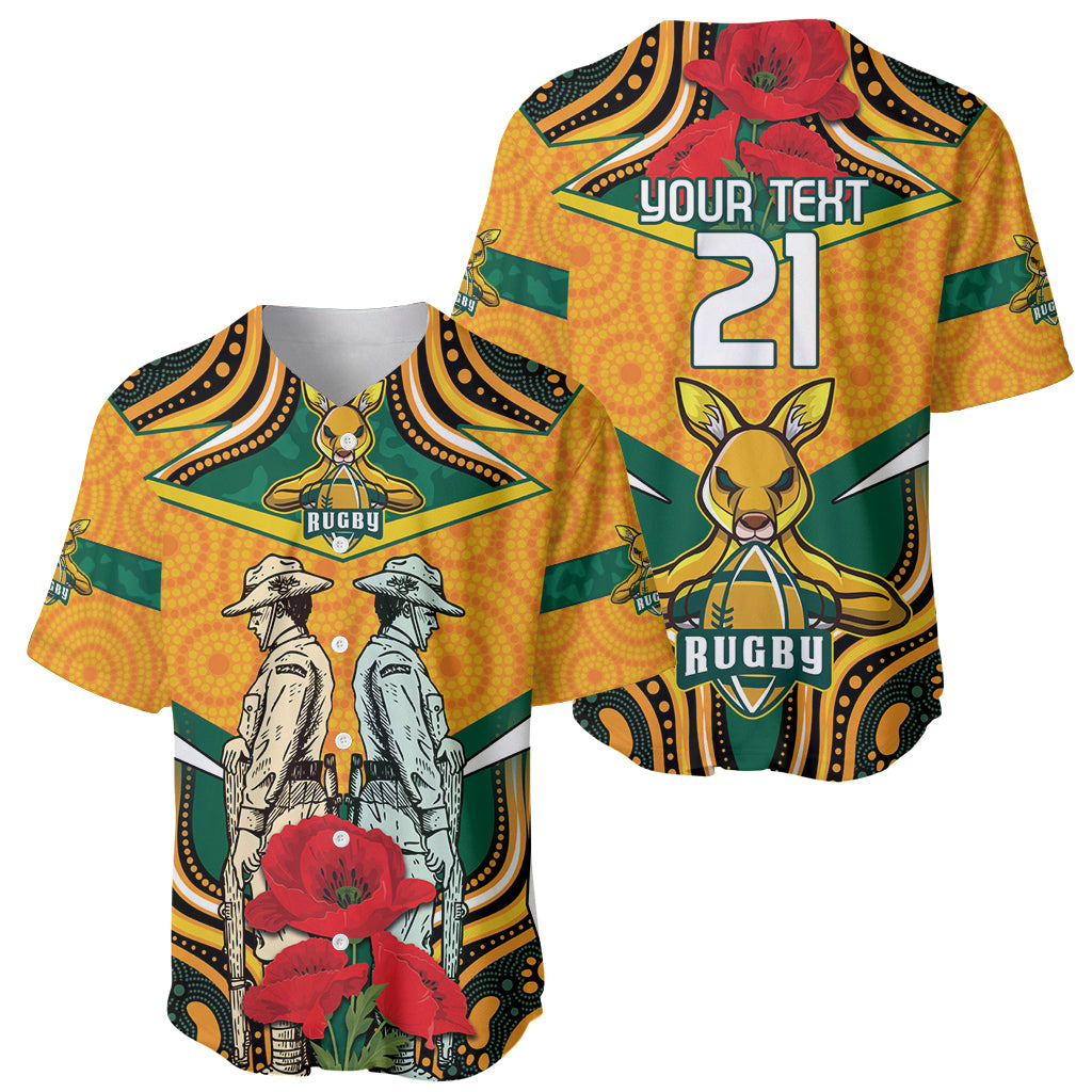 Australia Wallabies Rugby ANZAC Custom Baseball Jersey Poppy Soldier With Aboriginal Dots Art - Vibe Hoodie Shop