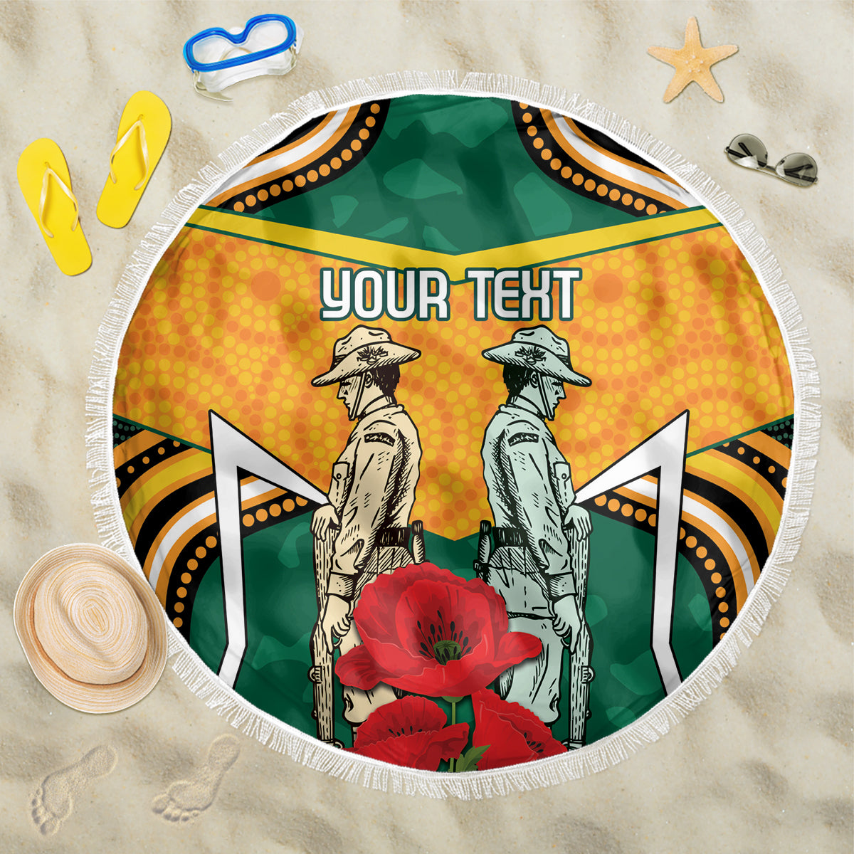 Australia Wallabies Rugby ANZAC Custom Beach Blanket Poppy Soldier With Aboriginal Dots Art