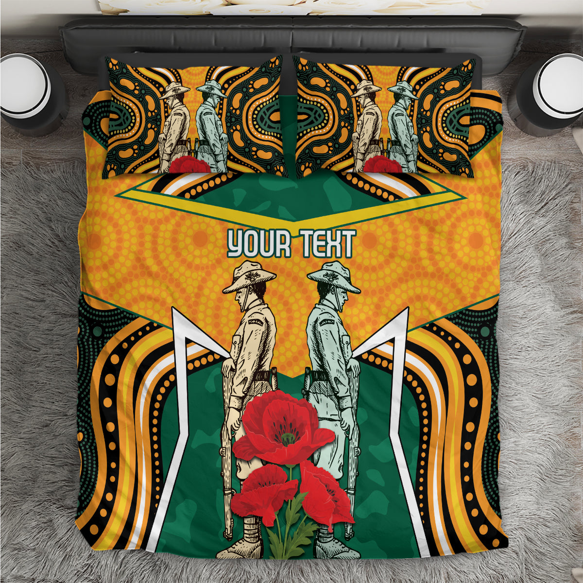 Australia Wallabies Rugby ANZAC Custom Bedding Set Poppy Soldier With Aboriginal Dots Art - Vibe Hoodie Shop