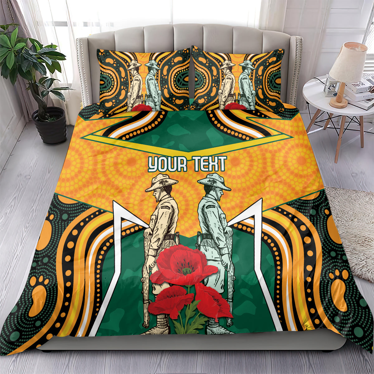 Australia Wallabies Rugby ANZAC Custom Bedding Set Poppy Soldier With Aboriginal Dots Art - Vibe Hoodie Shop