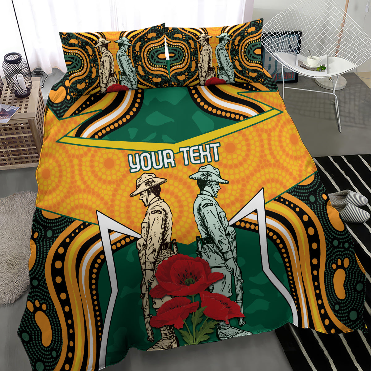 Australia Wallabies Rugby ANZAC Custom Bedding Set Poppy Soldier With Aboriginal Dots Art - Vibe Hoodie Shop