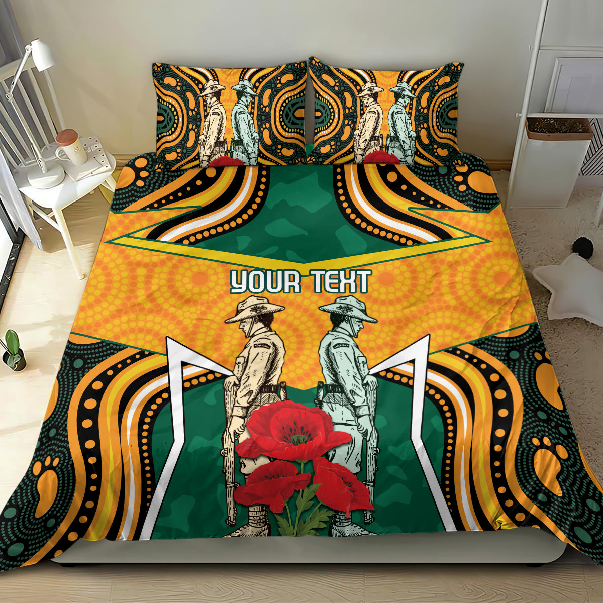 Australia Wallabies Rugby ANZAC Custom Bedding Set Poppy Soldier With Aboriginal Dots Art - Vibe Hoodie Shop