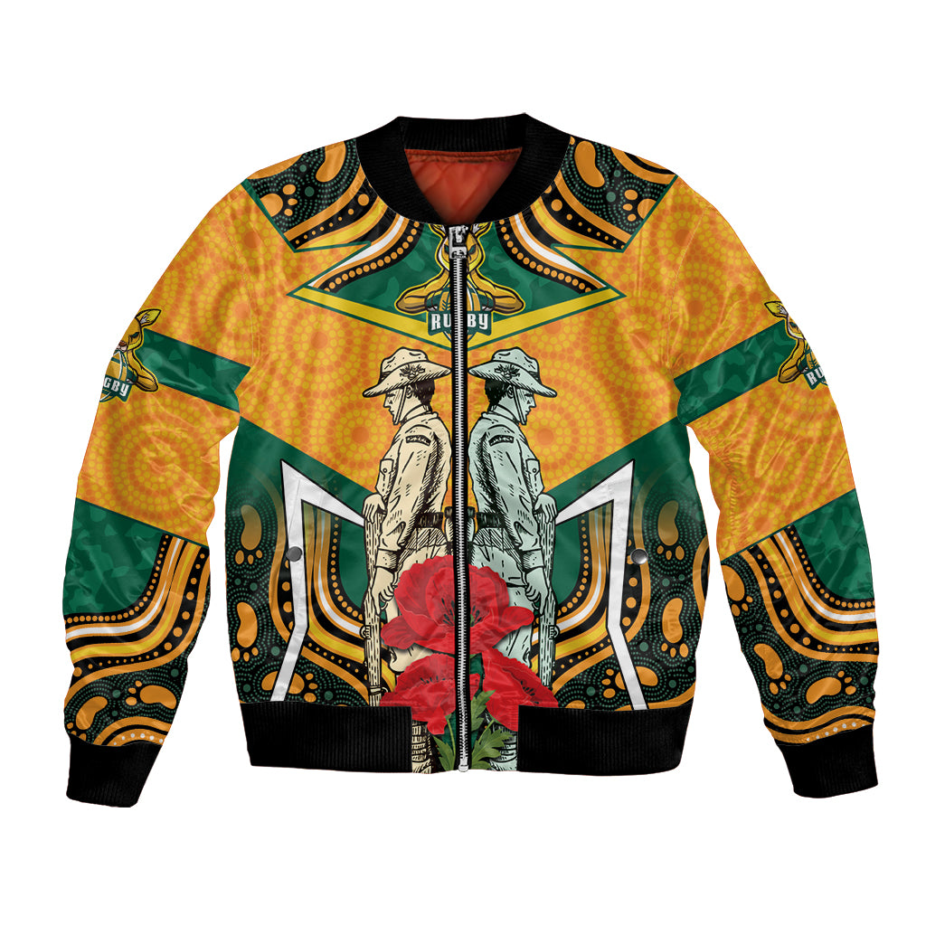 Australia Wallabies Rugby ANZAC Custom Bomber Jacket Poppy Soldier With Aboriginal Dots Art - Vibe Hoodie Shop