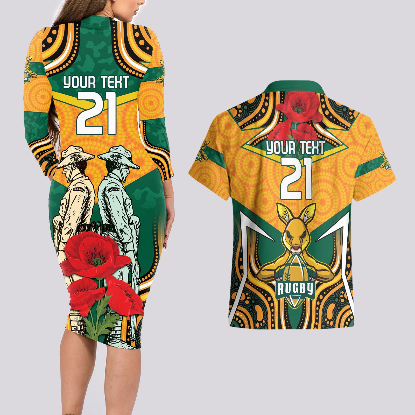 Australia Wallabies Rugby ANZAC Custom Couples Matching Long Sleeve Bodycon Dress and Hawaiian Shirt Poppy Soldier With Aboriginal Dots Art
