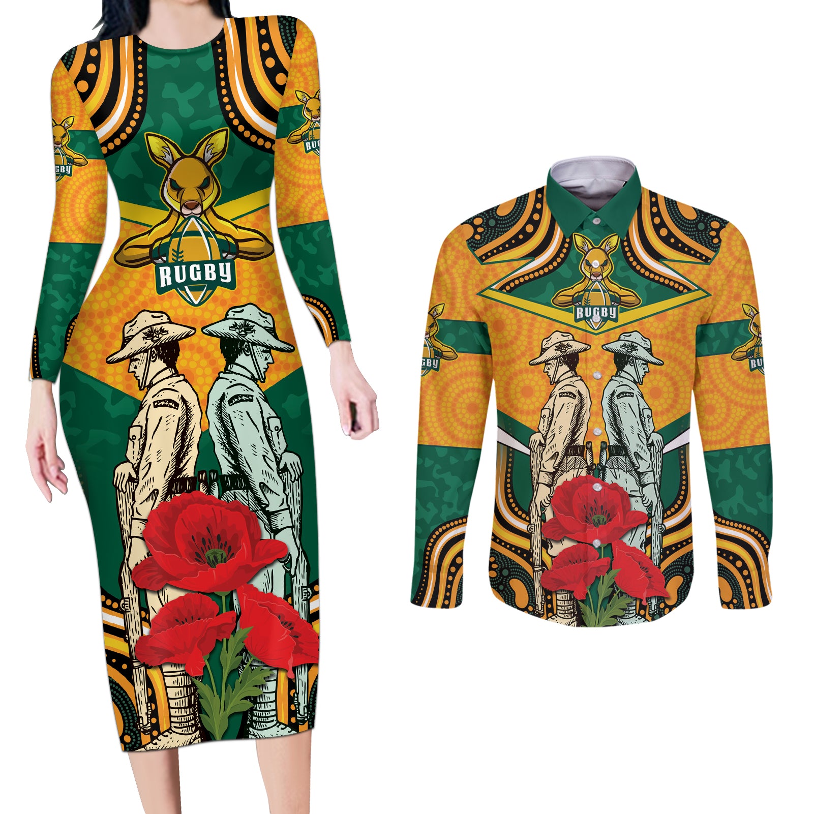 Australia Wallabies Rugby ANZAC Custom Couples Matching Long Sleeve Bodycon Dress and Long Sleeve Button Shirt Poppy Soldier With Aboriginal Dots Art