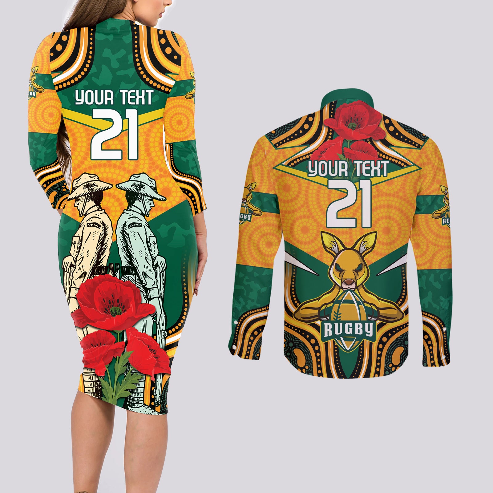 Australia Wallabies Rugby ANZAC Custom Couples Matching Long Sleeve Bodycon Dress and Long Sleeve Button Shirt Poppy Soldier With Aboriginal Dots Art