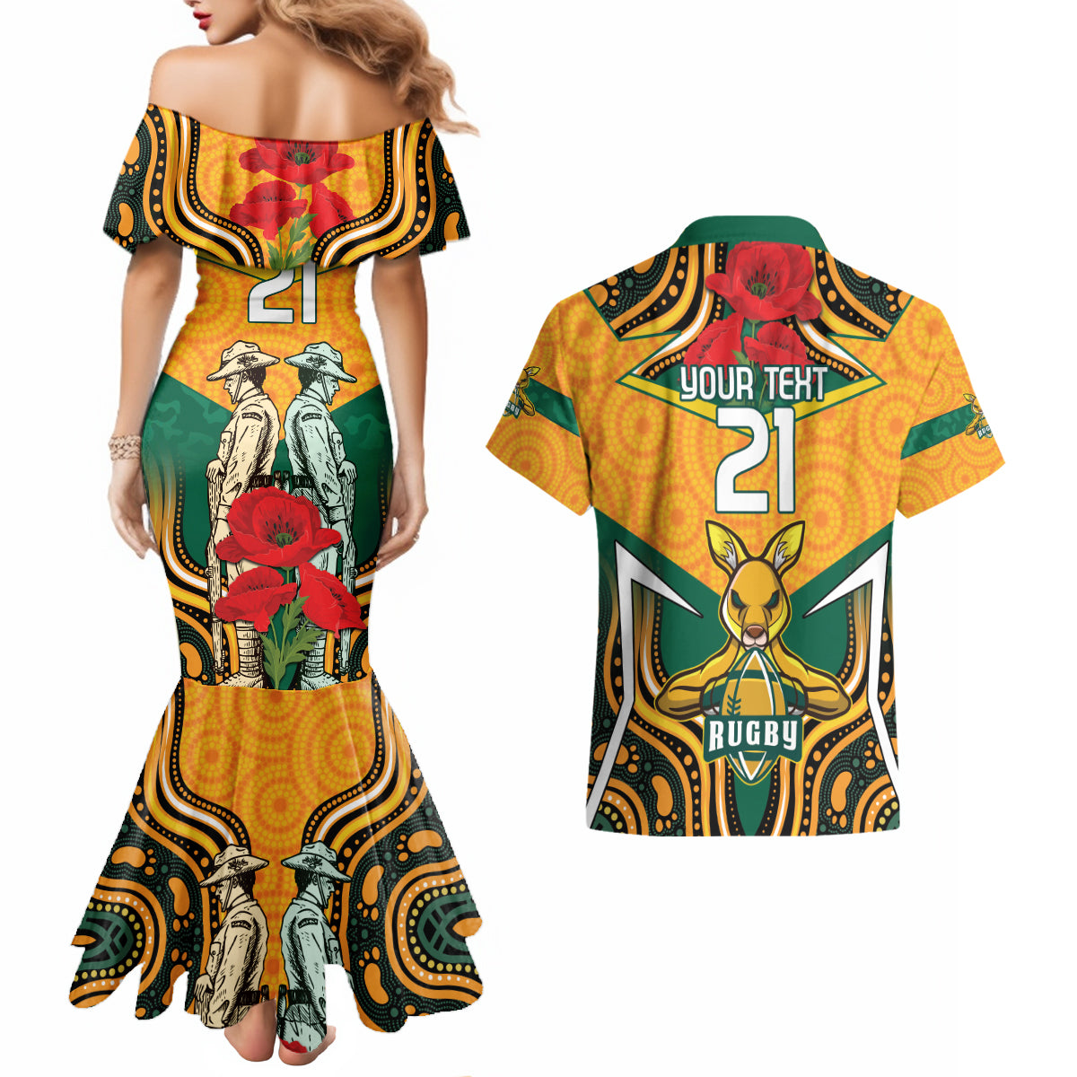Australia Wallabies Rugby ANZAC Custom Couples Matching Mermaid Dress and Hawaiian Shirt Poppy Soldier With Aboriginal Dots Art