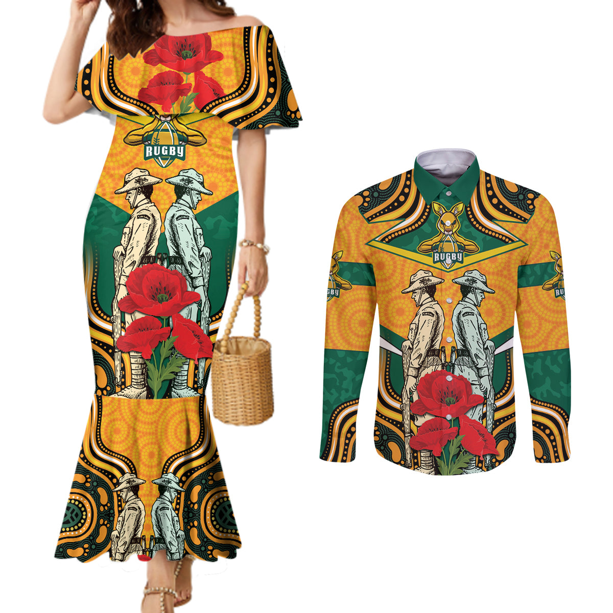 Australia Wallabies Rugby ANZAC Custom Couples Matching Mermaid Dress and Long Sleeve Button Shirt Poppy Soldier With Aboriginal Dots Art