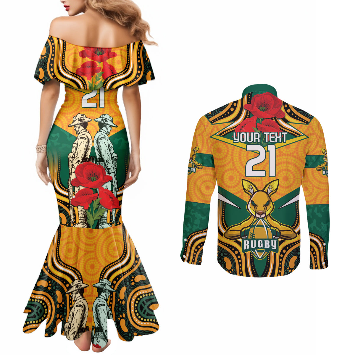 Australia Wallabies Rugby ANZAC Custom Couples Matching Mermaid Dress and Long Sleeve Button Shirt Poppy Soldier With Aboriginal Dots Art