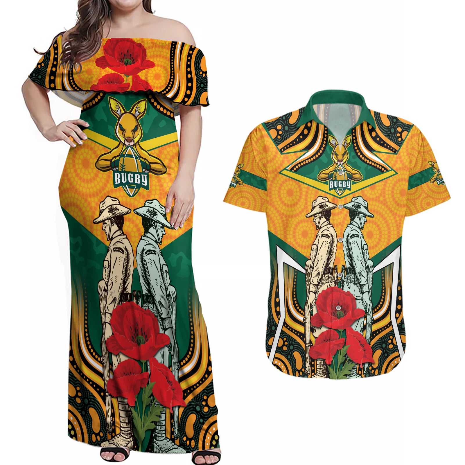 Australia Wallabies Rugby ANZAC Custom Couples Matching Off Shoulder Maxi Dress and Hawaiian Shirt Poppy Soldier With Aboriginal Dots Art
