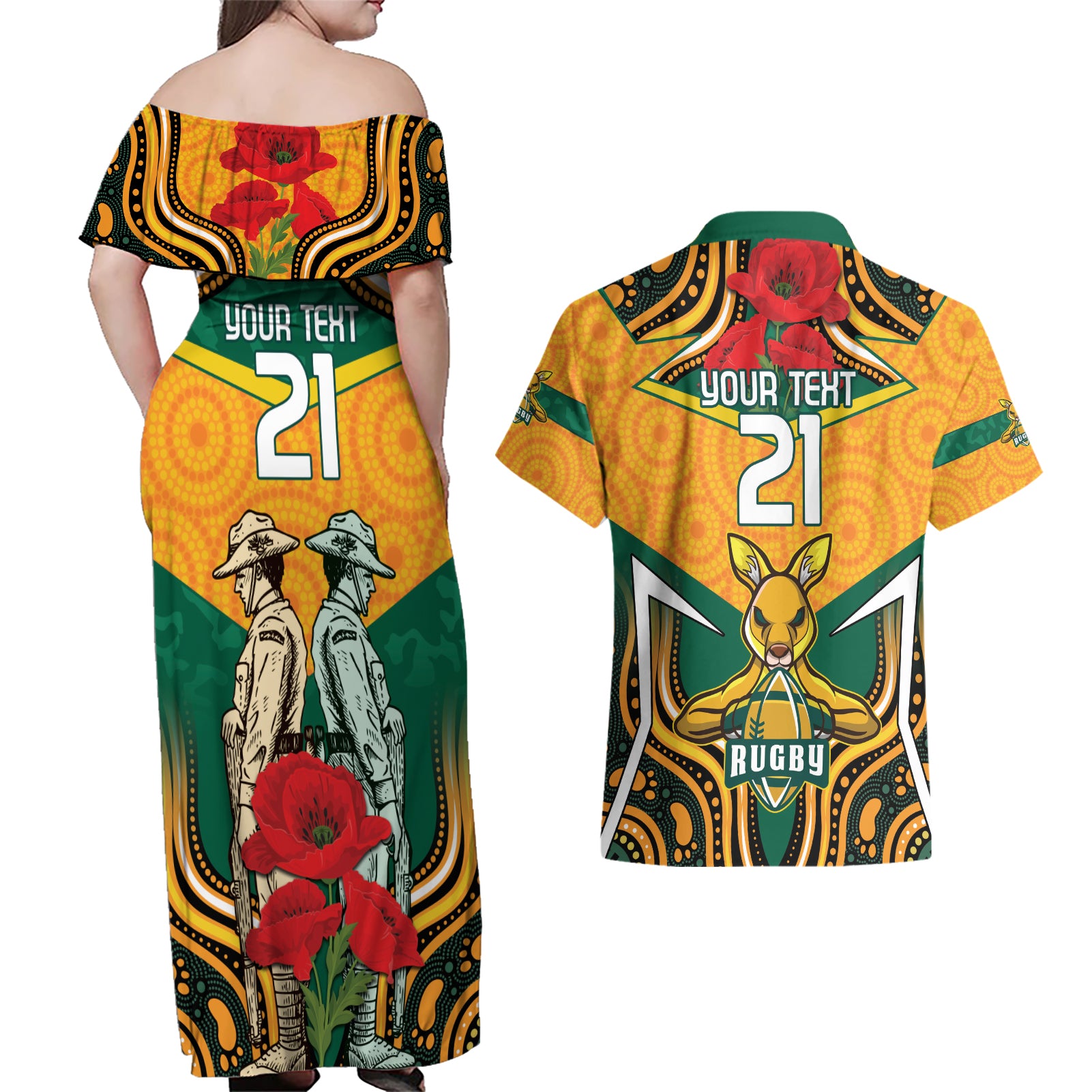 Australia Wallabies Rugby ANZAC Custom Couples Matching Off Shoulder Maxi Dress and Hawaiian Shirt Poppy Soldier With Aboriginal Dots Art