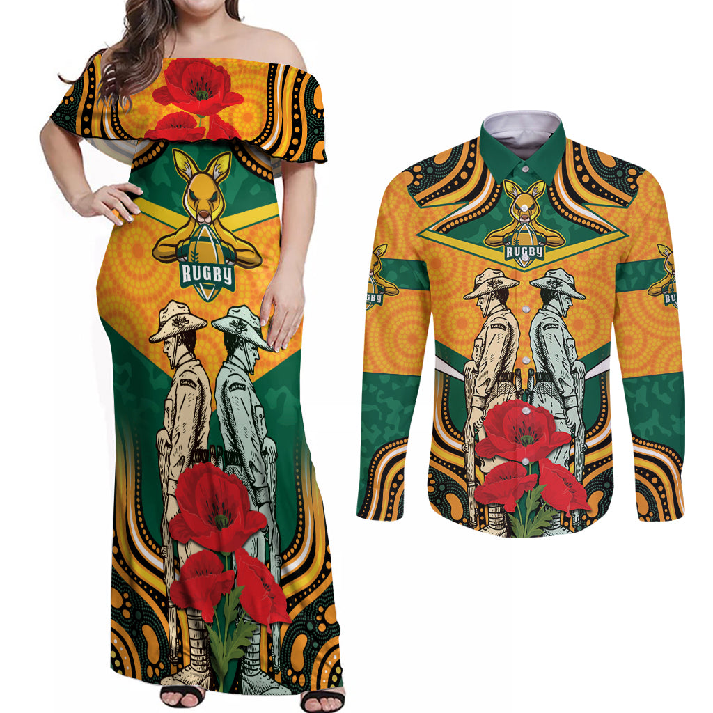 Australia Wallabies Rugby ANZAC Custom Couples Matching Off Shoulder Maxi Dress and Long Sleeve Button Shirt Poppy Soldier With Aboriginal Dots Art