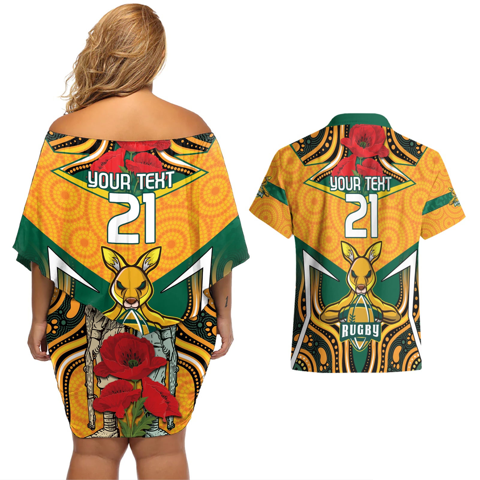 Australia Wallabies Rugby ANZAC Custom Couples Matching Off Shoulder Short Dress and Hawaiian Shirt Poppy Soldier With Aboriginal Dots Art