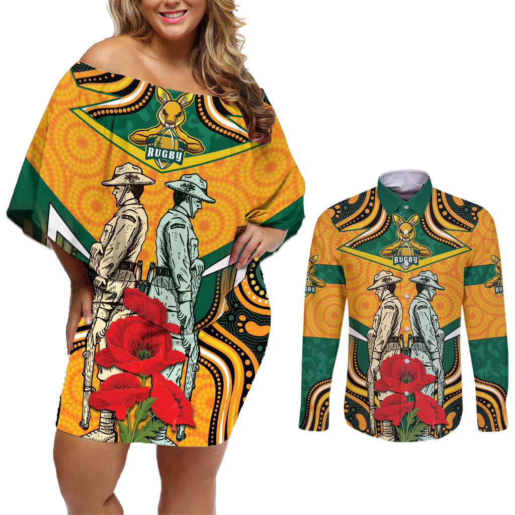 Australia Wallabies Rugby ANZAC Custom Couples Matching Off Shoulder Short Dress and Long Sleeve Button Shirt Poppy Soldier With Aboriginal Dots Art