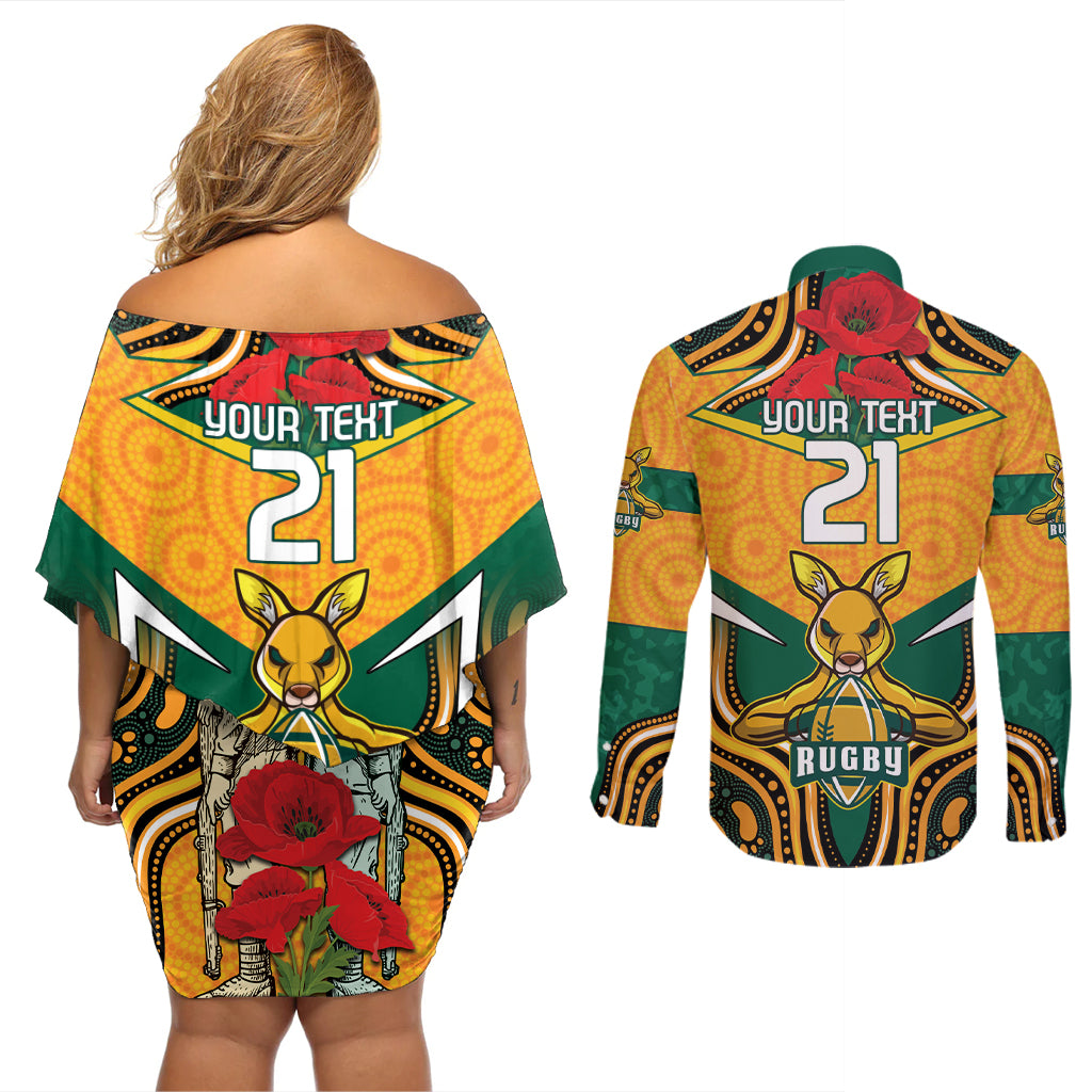 Australia Wallabies Rugby ANZAC Custom Couples Matching Off Shoulder Short Dress and Long Sleeve Button Shirt Poppy Soldier With Aboriginal Dots Art