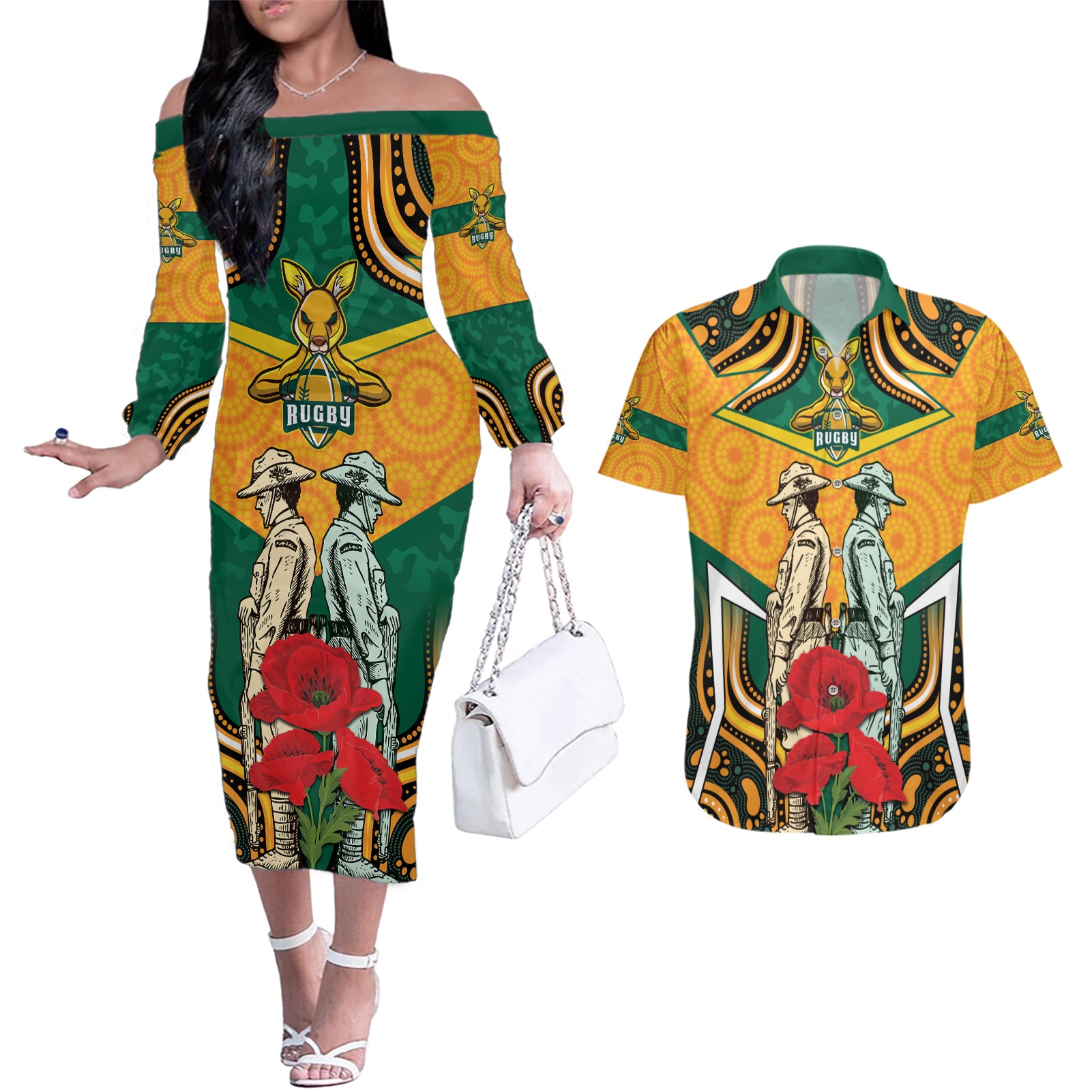 Australia Wallabies Rugby ANZAC Custom Couples Matching Off The Shoulder Long Sleeve Dress and Hawaiian Shirt Poppy Soldier With Aboriginal Dots Art
