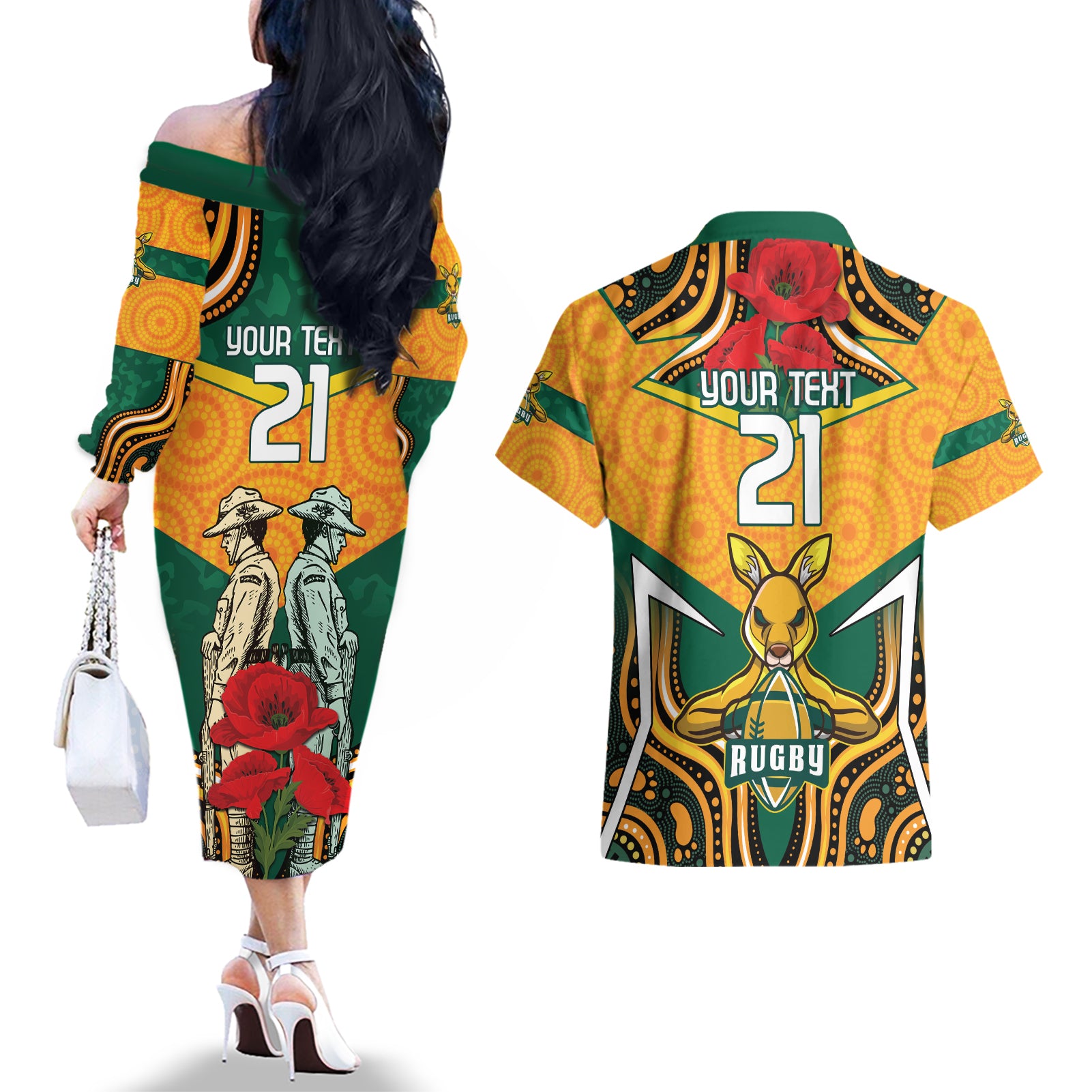 Australia Wallabies Rugby ANZAC Custom Couples Matching Off The Shoulder Long Sleeve Dress and Hawaiian Shirt Poppy Soldier With Aboriginal Dots Art