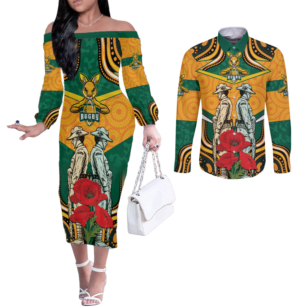 Australia Wallabies Rugby ANZAC Custom Couples Matching Off The Shoulder Long Sleeve Dress and Long Sleeve Button Shirt Poppy Soldier With Aboriginal Dots Art