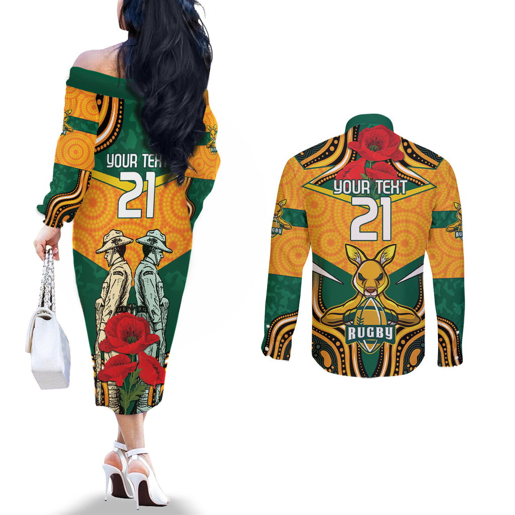 Australia Wallabies Rugby ANZAC Custom Couples Matching Off The Shoulder Long Sleeve Dress and Long Sleeve Button Shirt Poppy Soldier With Aboriginal Dots Art
