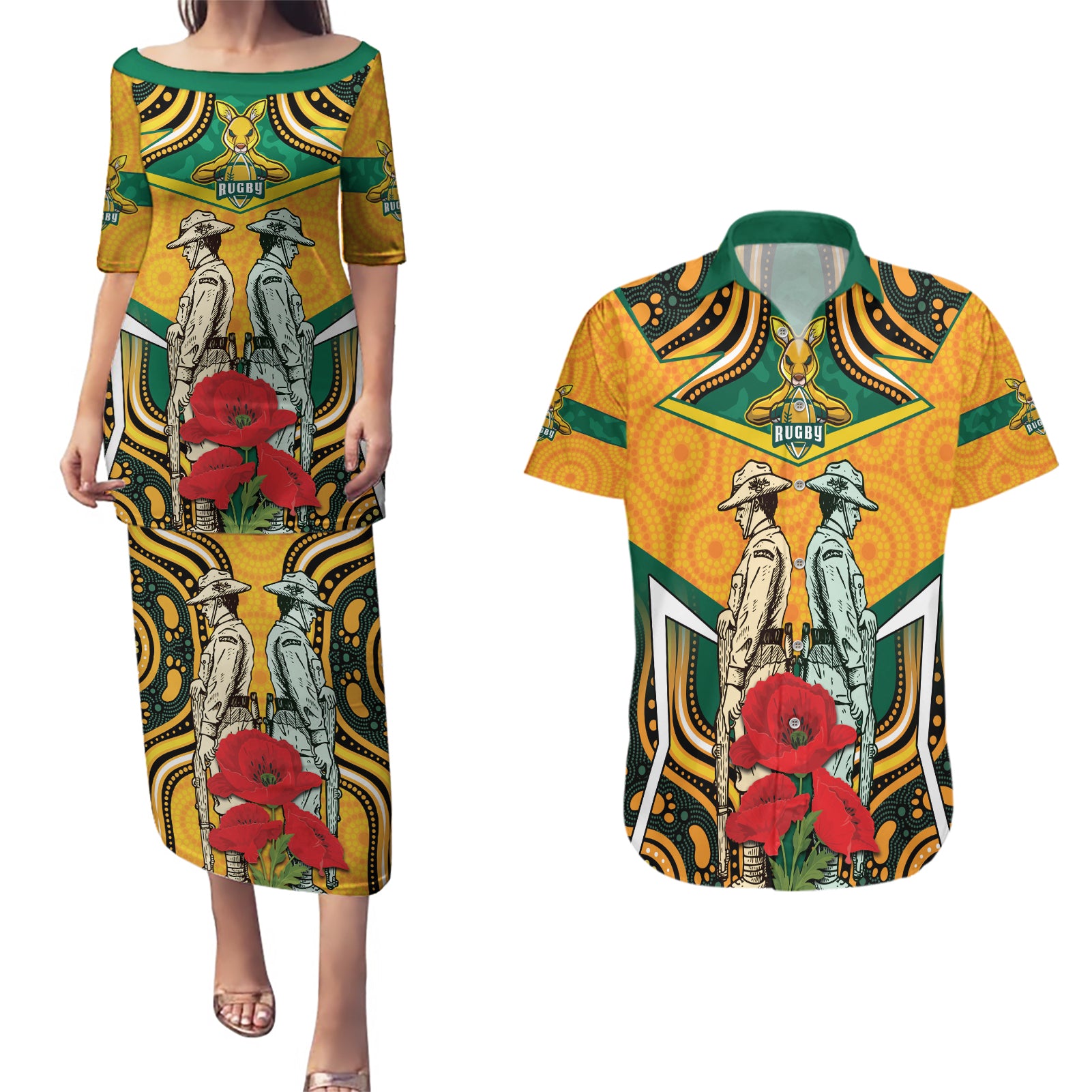 Australia Wallabies Rugby ANZAC Custom Couples Matching Puletasi and Hawaiian Shirt Poppy Soldier With Aboriginal Dots Art