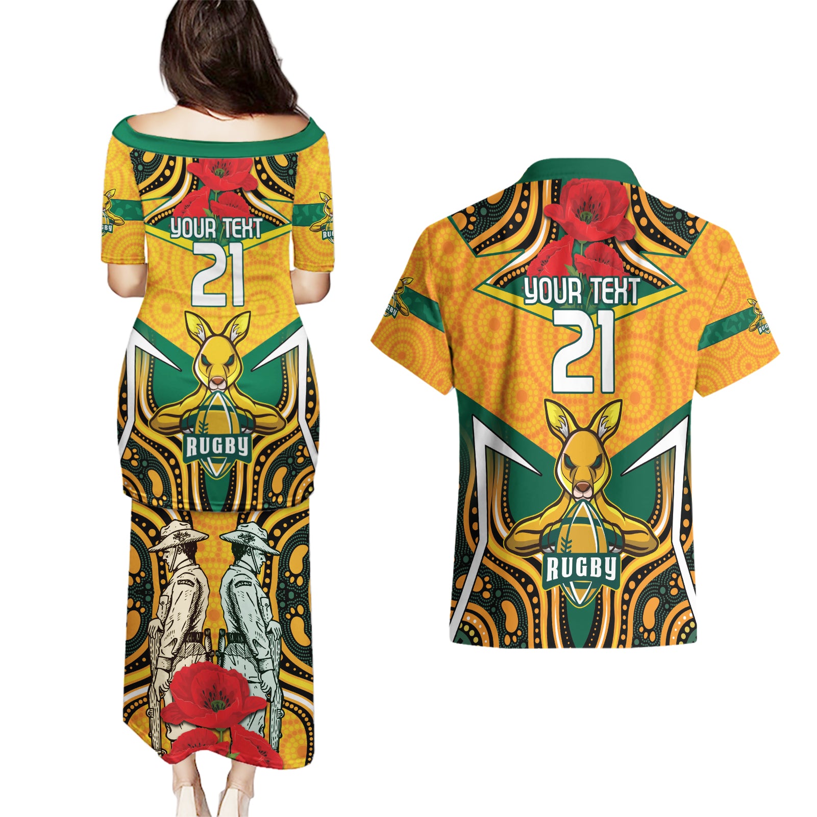Australia Wallabies Rugby ANZAC Custom Couples Matching Puletasi and Hawaiian Shirt Poppy Soldier With Aboriginal Dots Art