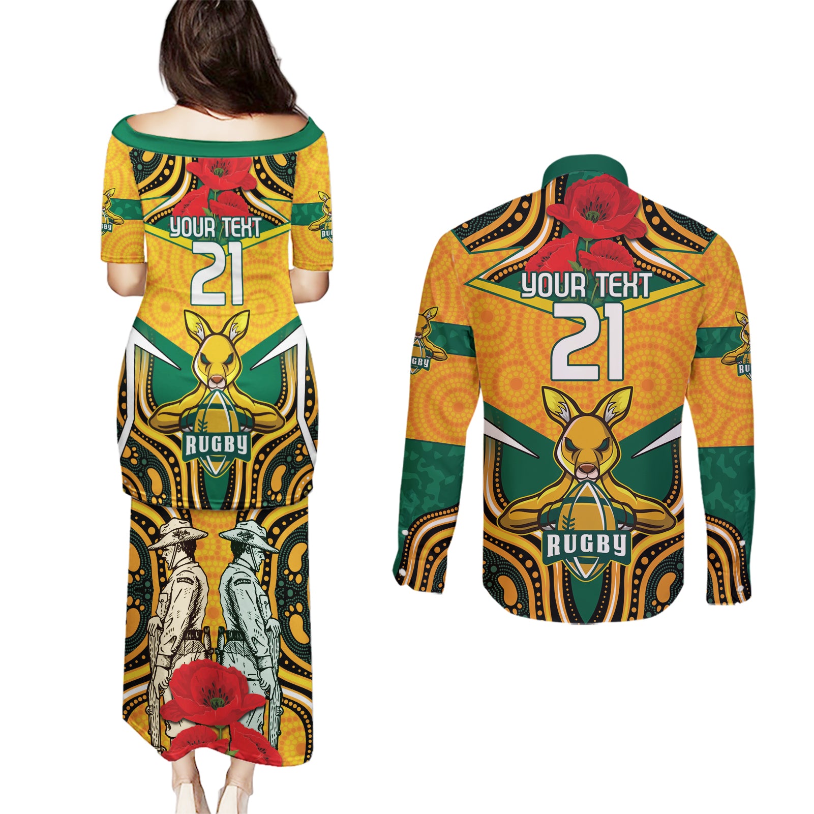 Australia Wallabies Rugby ANZAC Custom Couples Matching Puletasi and Long Sleeve Button Shirt Poppy Soldier With Aboriginal Dots Art