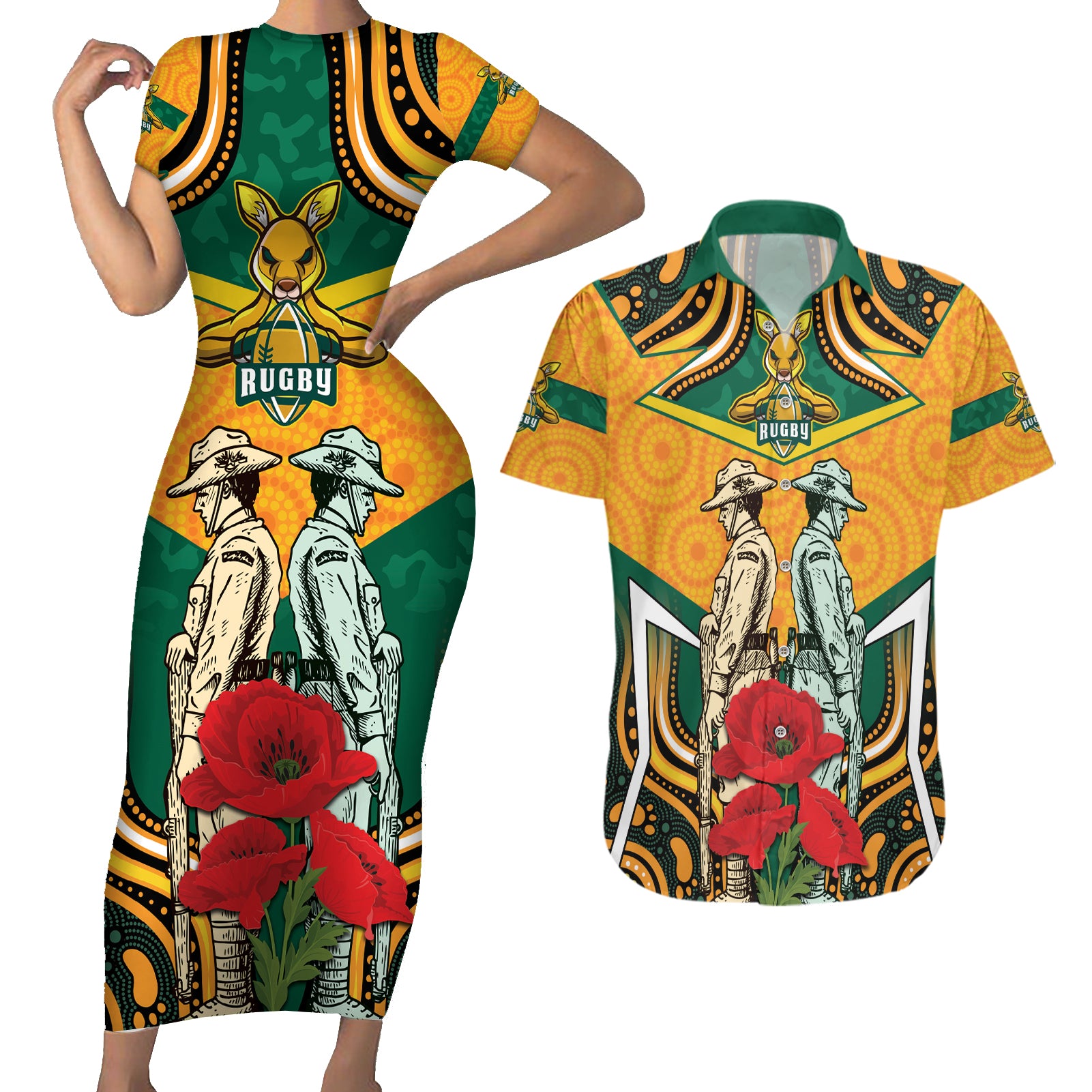Australia Wallabies Rugby ANZAC Custom Couples Matching Short Sleeve Bodycon Dress and Hawaiian Shirt Poppy Soldier With Aboriginal Dots Art