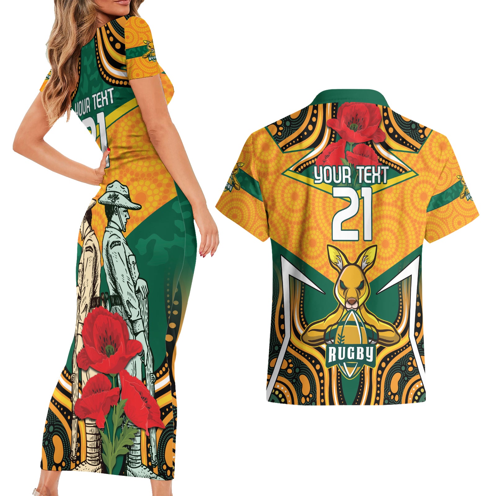 Australia Wallabies Rugby ANZAC Custom Couples Matching Short Sleeve Bodycon Dress and Hawaiian Shirt Poppy Soldier With Aboriginal Dots Art