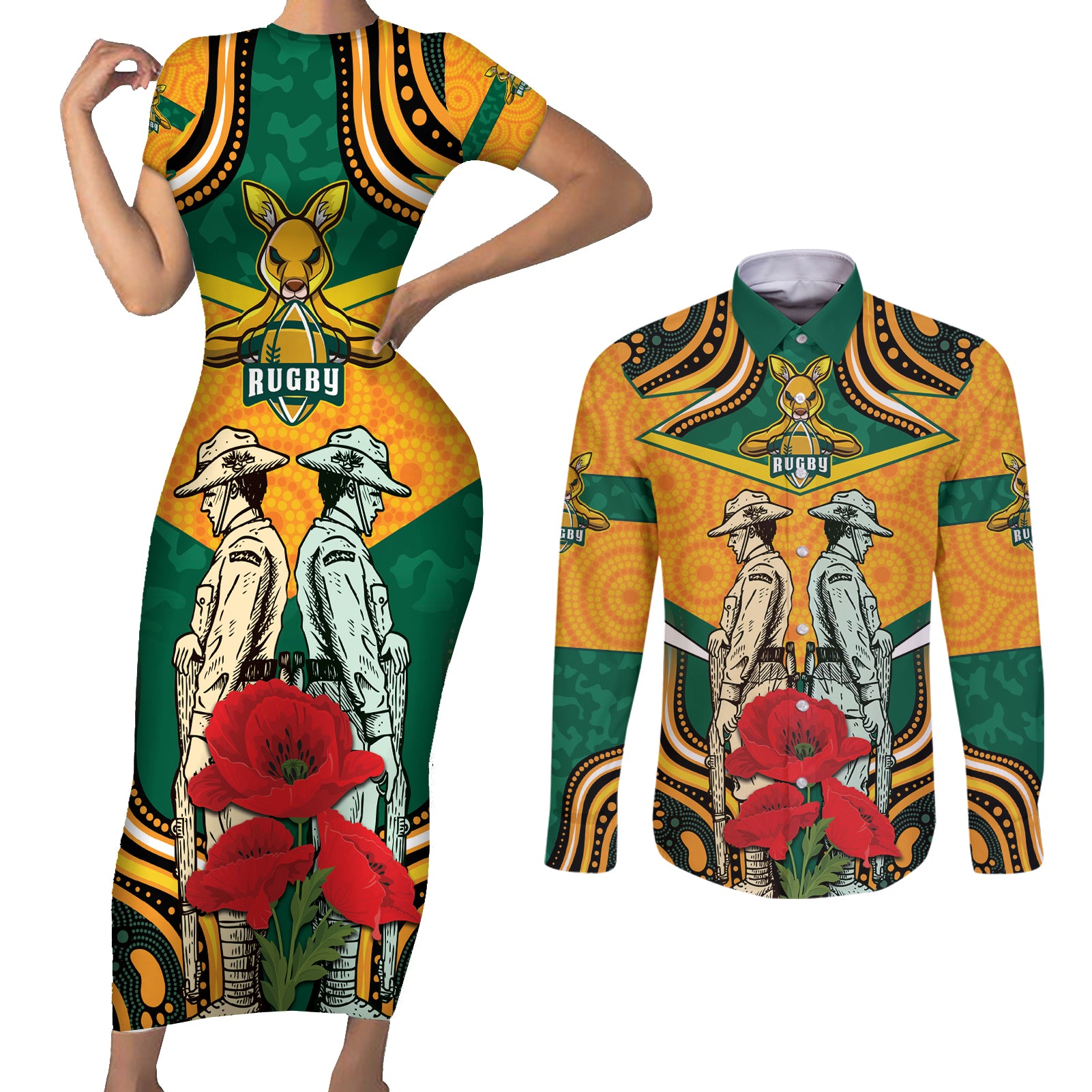 Australia Wallabies Rugby ANZAC Custom Couples Matching Short Sleeve Bodycon Dress and Long Sleeve Button Shirt Poppy Soldier With Aboriginal Dots Art
