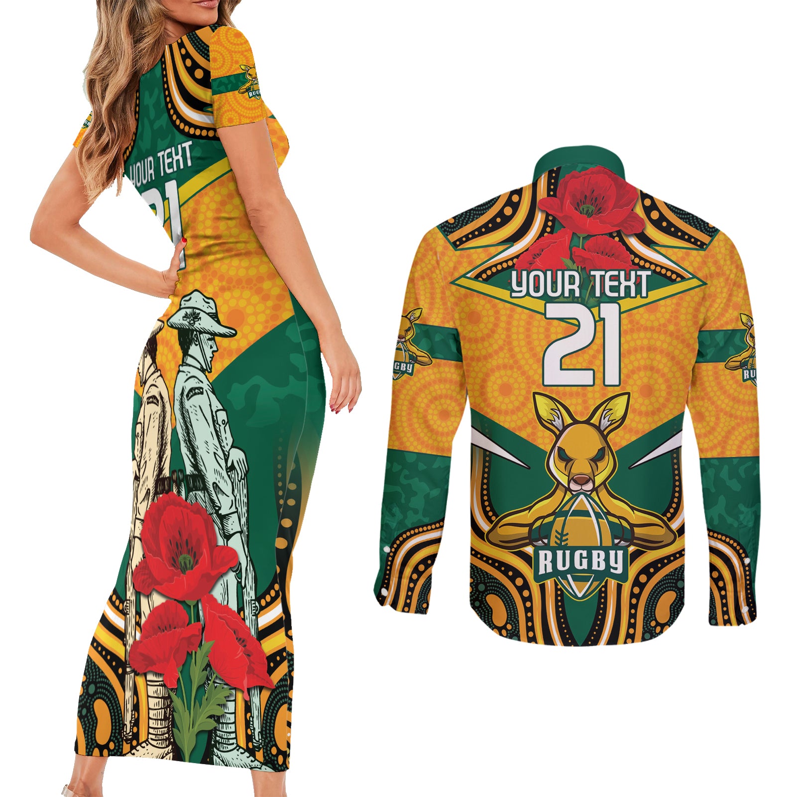 Australia Wallabies Rugby ANZAC Custom Couples Matching Short Sleeve Bodycon Dress and Long Sleeve Button Shirt Poppy Soldier With Aboriginal Dots Art