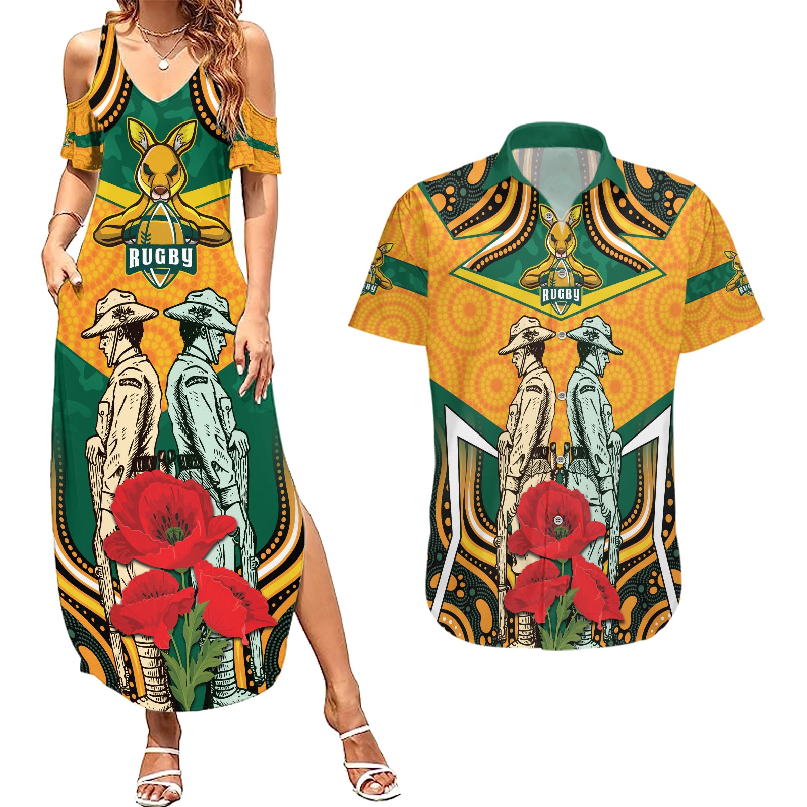 Australia Wallabies Rugby ANZAC Custom Couples Matching Summer Maxi Dress and Hawaiian Shirt Poppy Soldier With Aboriginal Dots Art