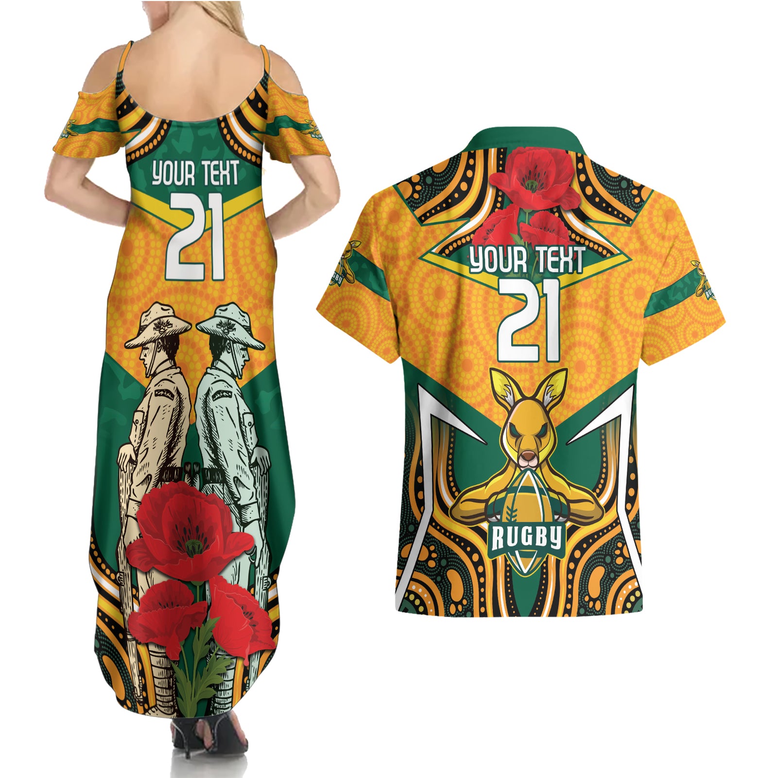 Australia Wallabies Rugby ANZAC Custom Couples Matching Summer Maxi Dress and Hawaiian Shirt Poppy Soldier With Aboriginal Dots Art
