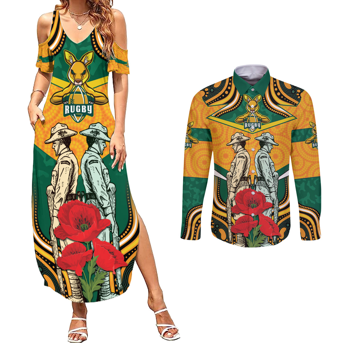 Australia Wallabies Rugby ANZAC Custom Couples Matching Summer Maxi Dress and Long Sleeve Button Shirt Poppy Soldier With Aboriginal Dots Art
