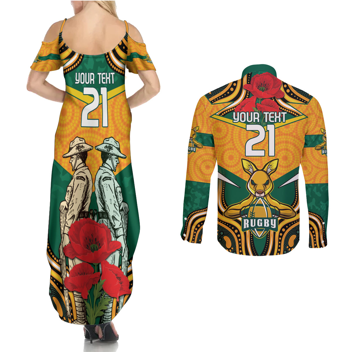 Australia Wallabies Rugby ANZAC Custom Couples Matching Summer Maxi Dress and Long Sleeve Button Shirt Poppy Soldier With Aboriginal Dots Art